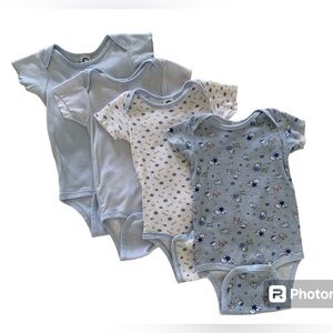 Gerber Onesies Lot 4 PC Set Short Sleeves Blue Baseball Stripes Boys L 27-34 lbs